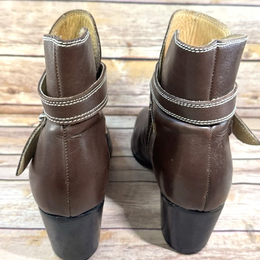 Womens Brown Leather Block Heel Ankle Strap Silver Buckle Ankle Boots 8.5
